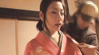 Japanese geisha with big natural tits enjoys the maledom