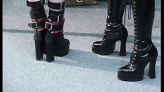 Latex outfit, black boots and sexy mature women