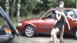 Dress-wearing hottie abducted by a kinky fattie here