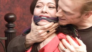 Impressive busty hottie in red bathrobe gets fucked from behind