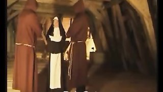 Two priests are spanking a slender nun on the roof