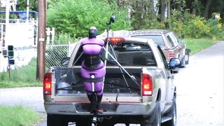 Submissive sex doll used for public humiliation on the old truck