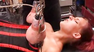 Stunning redhead chick with vacuum toys on tits likes torturing