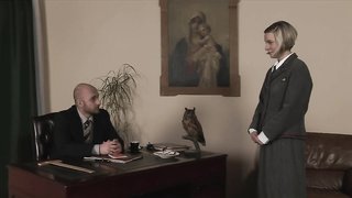 Babe with nice face submissively sucks her master on the knees