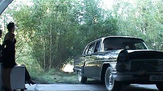 Blonde in blindfold sucks a massive rubber dick on the knees