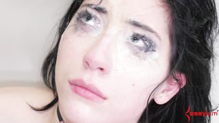 Master deep throats and cums on teen's eyes