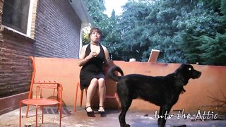 Chubby BBW in black dress gets stimulated in weird way