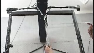 Sweet babe with impaled needles is bleeding in the torturous