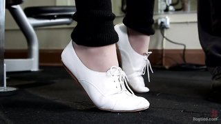 Tight pussy rope tension in a gym using weights