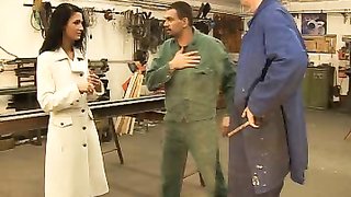 Nasty-minded brunette is getting hardly lashed at the factory