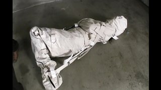 Raven-haired hottie in straitjacket is hanging in the air