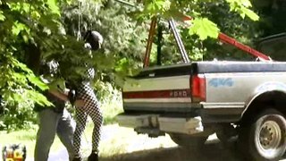 Totally bound in full body suit, whore forced to walk being the truck