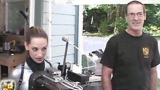 Slave doll in latex costume and high heels trains to be a horse