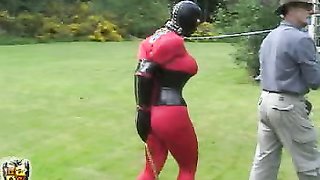 Stunning doll on the leash follows her master in the garden