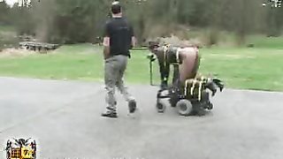 Master puts his sex doll in the machine of public humiliation