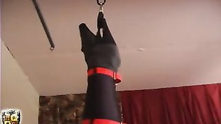 Filthy as hell master hangs his doll upside down in the bedroom