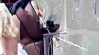 Curvy nylon slut gets gagged and cunt-fucked with a machine